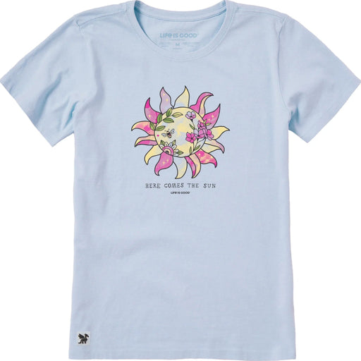 Women's Here Comes the Sunshine Bloom short sleeve T-shirt featuring a sunshine and floral-inspired graphic, crew neckline, and relaxed fit for comfortable everyday wear.