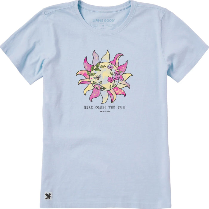 Women's Here Comes the Sunshine Bloom short sleeve T-shirt featuring a sunshine and floral-inspired graphic, crew neckline, and relaxed fit for comfortable everyday wear.