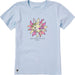 Women's Here Comes the Sunshine Bloom short sleeve T-shirt featuring a sunshine and floral-inspired graphic, crew neckline, and relaxed fit for comfortable everyday wear.