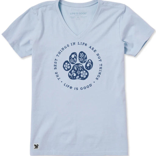 Women's Best Things in Life Floral Paws Short Sleeve Crusher Vee women's graphic T-shirt with floral paw design.