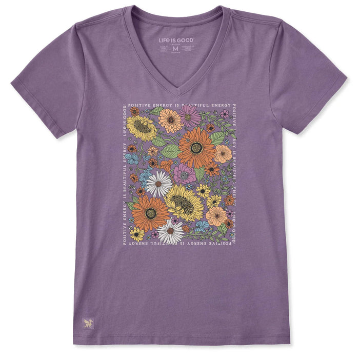 Life Is Good Women's Wildflowers Beautiful Energy Short Sleeve Crusher Vee T-Shirt featuring a colorful wildflower graphic, soft V-neck, and comfortable classic fit