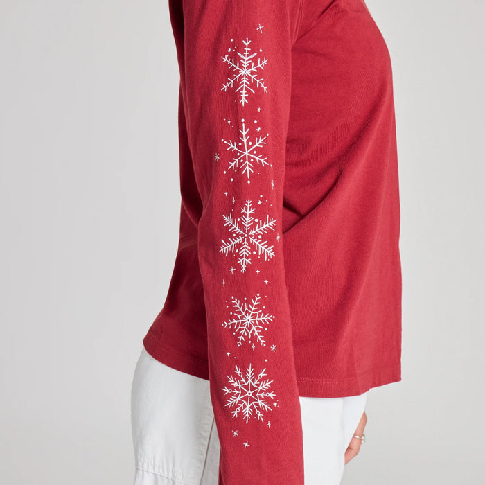 Life Is Good women's long sleeve Crusher Vee featuring an All the Snowflakes graphic