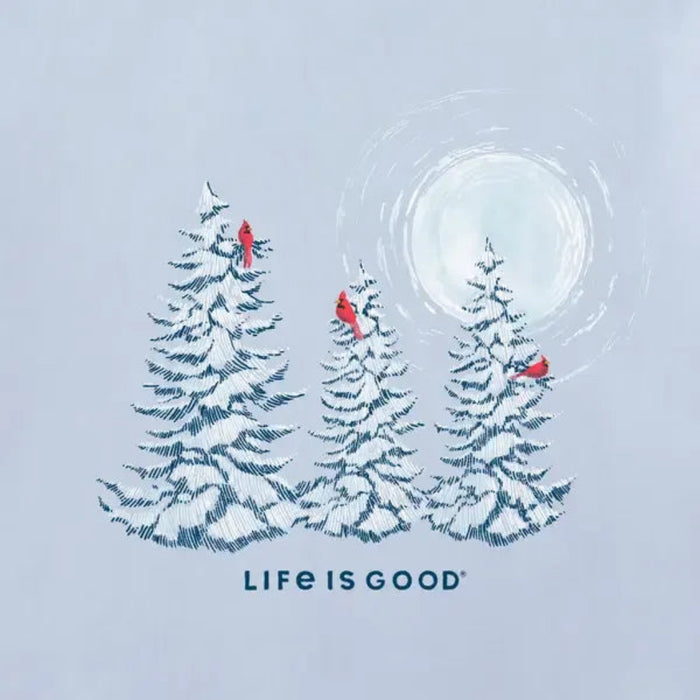 Life Is Good women's long sleeve Crusher Tee featuring snowy pine trees and colorful cardinals