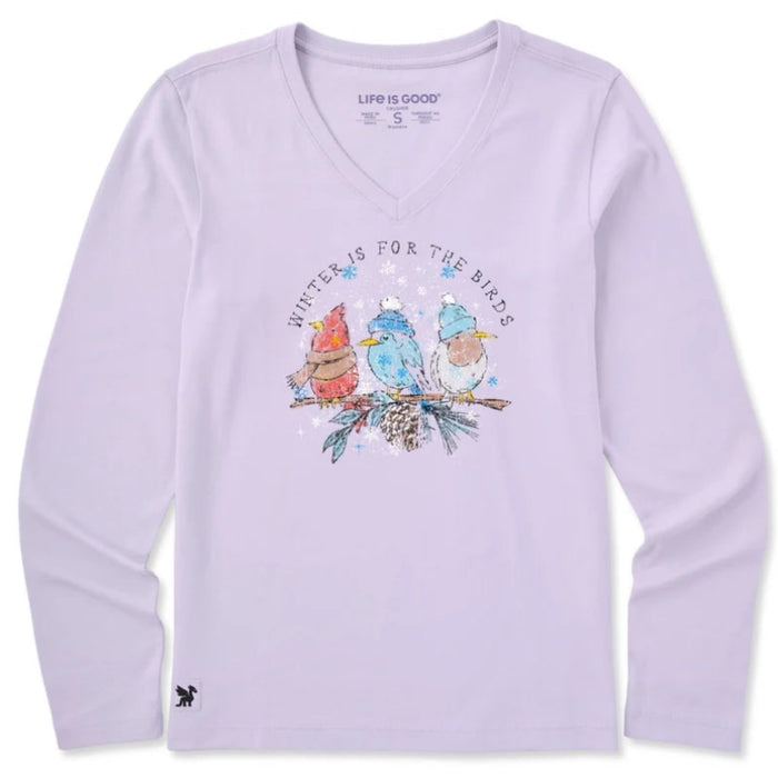 Women's Winter Is for the Snowy Birds Long Sleeve Crusher Vee featuring a charming winter bird graphic.