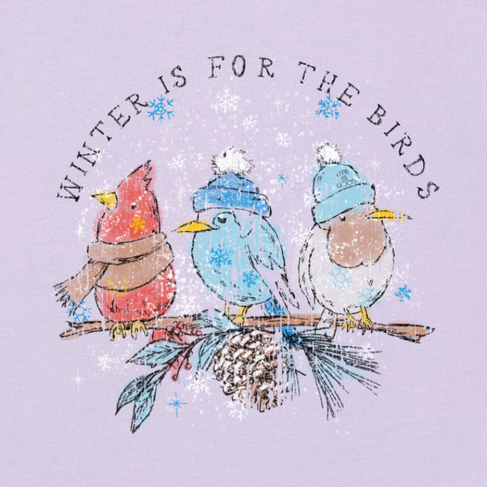 Women's Winter Is for the Snowy Birds Long Sleeve Crusher Vee featuring a charming winter bird graphic.
