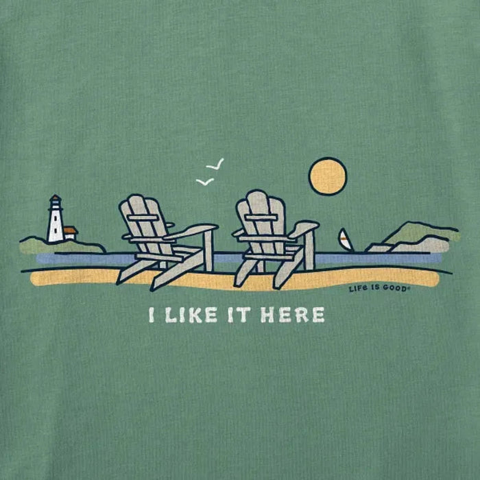 Life Is Good women's long sleeve Crusher Vee featuring the I Like It Here graphic