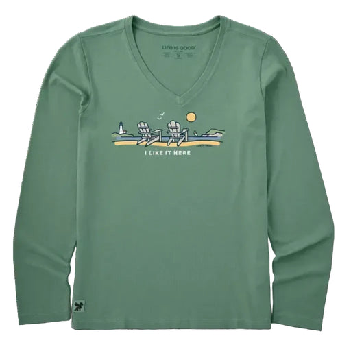 Life Is Good women's long sleeve Crusher Vee featuring the I Like It Here graphic
