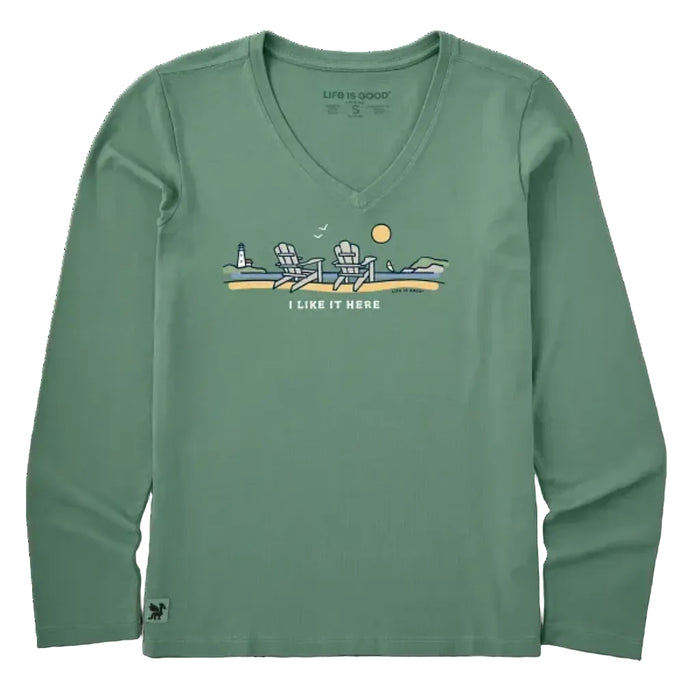 Life Is Good women's long sleeve Crusher Vee featuring the I Like It Here graphic