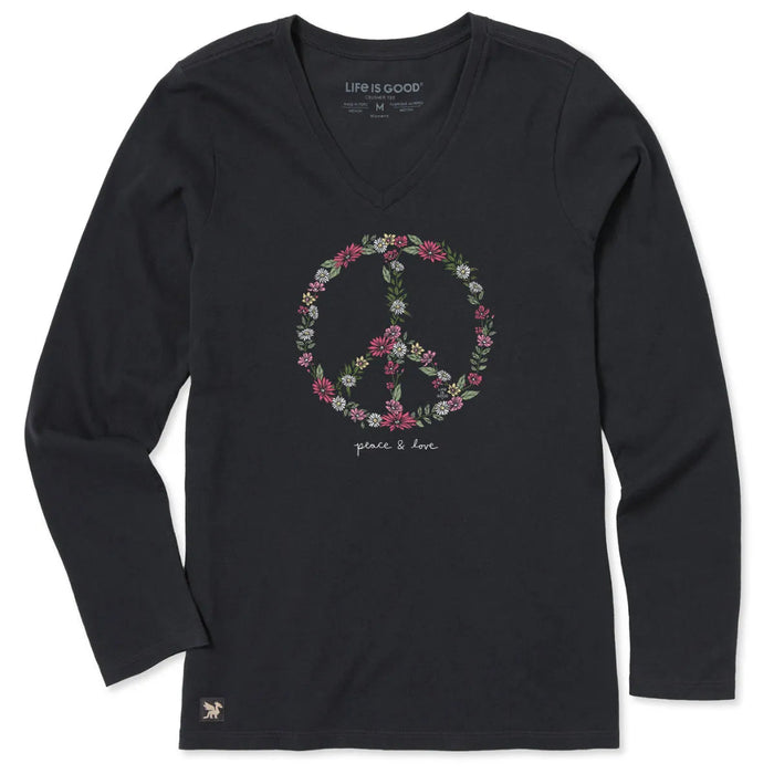 Life Is Good Women’s Wildflower Peace & Love Sign Long Sleeve Crusher-Lite Vee featuring a wildflower peace and love sign graphic, a flattering V-neckline, and lightweight long sleeves for comfortable everyday wear.