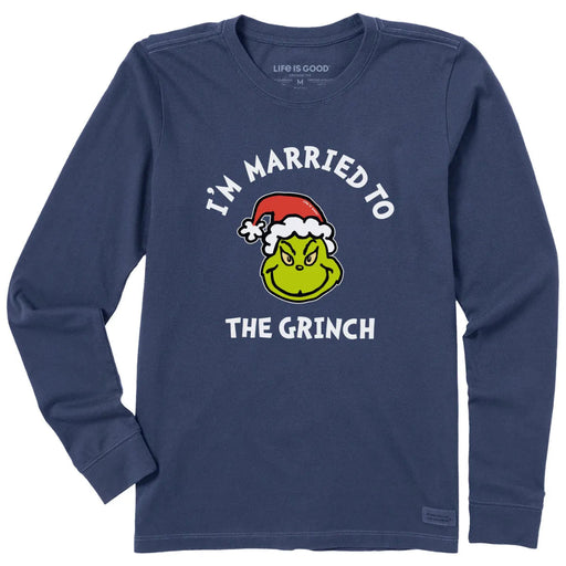 Life Is Good Women's Married to the Grinch Long Sleeve Crusher Tee featuring a playful Grinch-inspired holiday graphic.