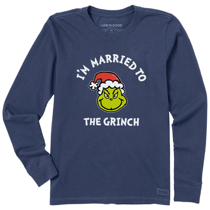 Life Is Good Women's Married to the Grinch Long Sleeve Crusher Tee featuring a playful Grinch-inspired holiday graphic.
