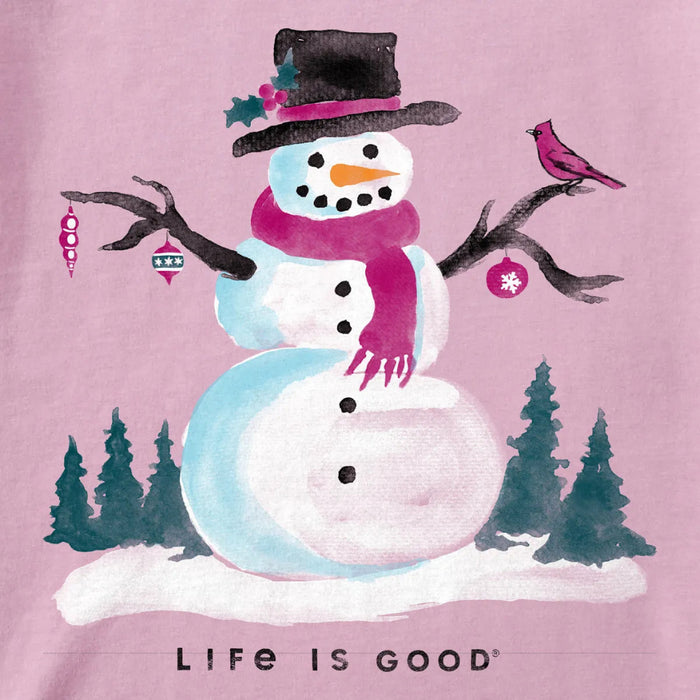 Life Is Good Women's Frosty Friends Long Sleeve Crusher Tee featuring a cheerful winter-themed graphic.