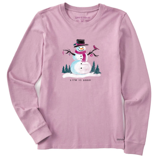 Life Is Good Women's Frosty Friends Long Sleeve Crusher Tee featuring a cheerful winter-themed graphic.