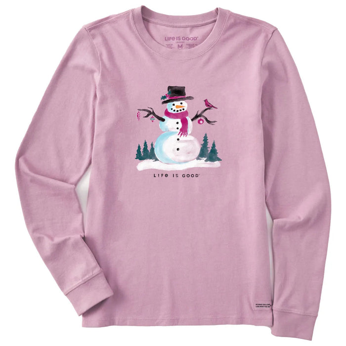 Life Is Good Women's Frosty Friends Long Sleeve Crusher Tee featuring a cheerful winter-themed graphic.
