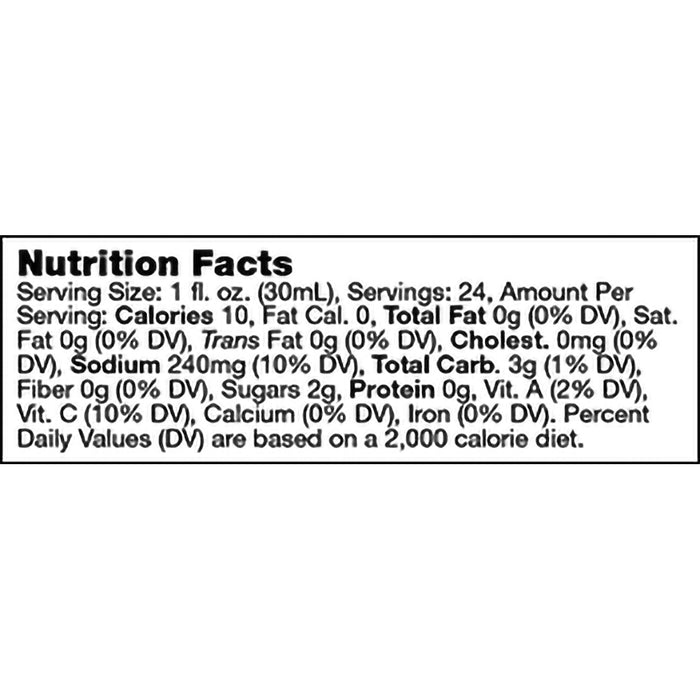 Nutrition facts label for Stonewall Kitchen Bloody Mary Mixer – Displays serving size, calories, sodium content, carbohydrates, sugars, protein, and vitamin percentages for a 30mL serving.