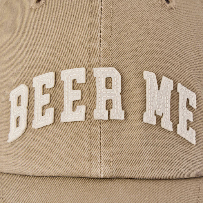 Life Is Good Adult Unisex Beer Me Arch Chill Cap featuring embroidered Beer Me graphic, washed 100% cotton fabric, unstructured low-mid crown, and adjustable snap-back closure