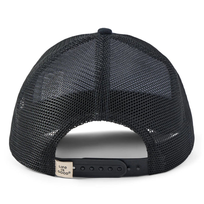 Life Is Good Adult Unisex Positive Lifestyle Dragon Patch Trucker Hat with bold woven dragon patch, structured cotton front, breathable mesh back, low-mid crown, and adjustable snapback closure