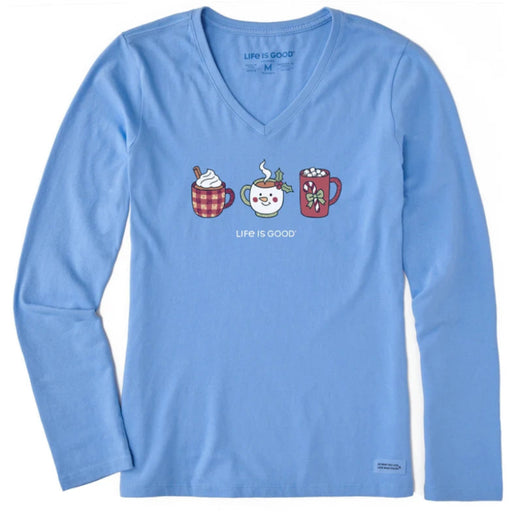 Women's Christmas Mug Trio Long Sleeve Crusher Vee featuring festive Christmas mug graphics on a casual V-neck top
