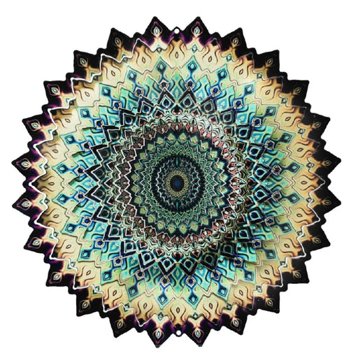 Circular paper pattern featuring a blue and green design, showcasing intricate shapes and vibrant colors.