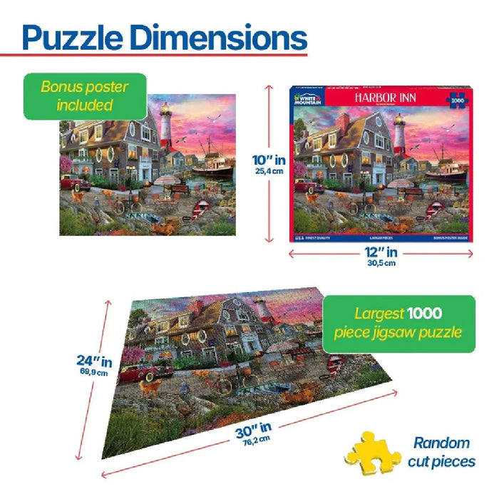 A vibrant 1000-piece puzzle illustrating a picturesque harbor inn with boats docked along a peaceful waterfront.