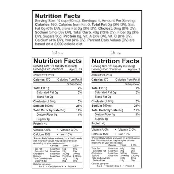 Nutrition facts label for a product with three different serving sizes on a white background.
