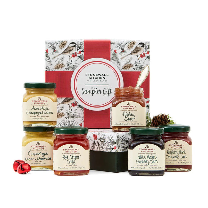 Stonewall Kitchen jam sampler set with a decorative box on a white background