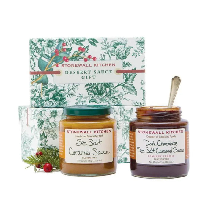 Stonewall Kitchen Dessert Sauce Collection Holiday 2026 gift set with gourmet dessert sauces in festive holiday packaging