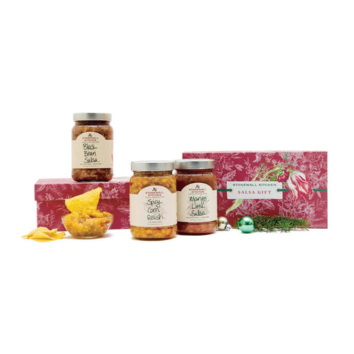 Stonewall Kitchen Holiday 2026 Salsa Gift Set featuring a festive assortment of gourmet salsa and relish varieties, perfect for holiday gifting and entertaining.