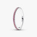 Close-up of the Pandora Sparkling Pink Band Ring in sterling silver showing a row of pink stones.