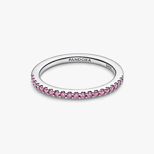Pandora Sparkling Pink Band Ring in sterling silver with pink stones on a white background.