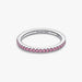 Pandora Sparkling Pink Band Ring in sterling silver with pink stones on a white background.
