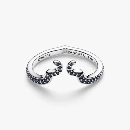 Close-up of the Pandora Disney Maleficent Ring in sterling silver showing dark stones and an intricate design.