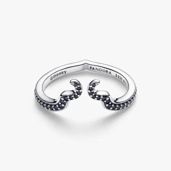 Close-up of the Pandora Disney Maleficent Ring in sterling silver showing dark stones and an intricate design.
