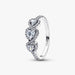 Pandora Halo Heart Trilogy Ring in sterling silver with heart-shaped halo stones, standing upright vertically.