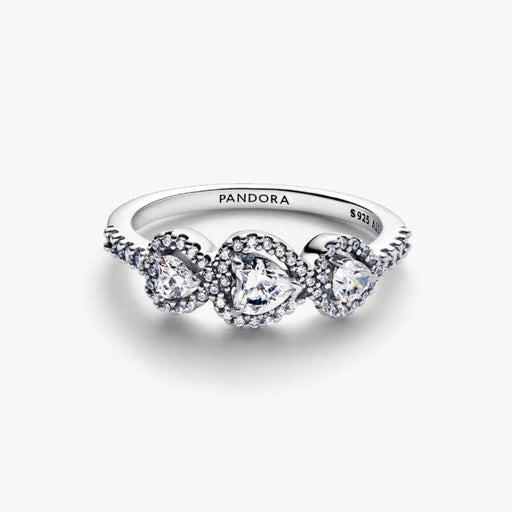 Pandora Halo Heart Trilogy Ring in sterling silver with heart-shaped halo stones.