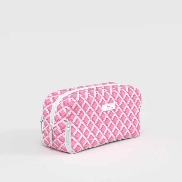 A pink and white cosmetic bag featuring a stylish diamond pattern.