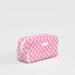 A pink and white cosmetic bag featuring a stylish diamond pattern.