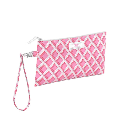 Pink and white clutch bag featuring a stylish pattern of alternating pink and white designs.