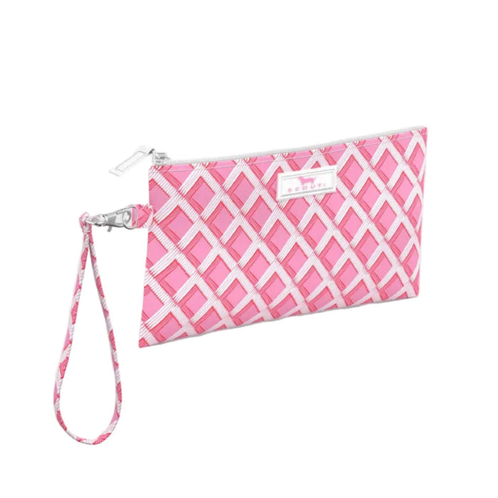 Pink and white clutch bag featuring a stylish pattern of alternating pink and white designs.