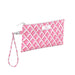 Pink and white clutch bag featuring a stylish pattern of alternating pink and white designs.