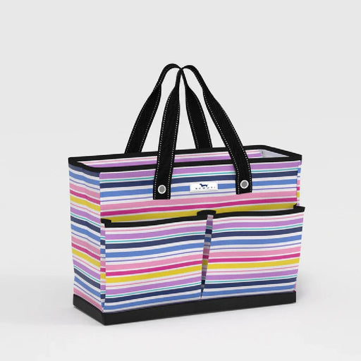 A colorful striped tote bag featuring black handles, ideal for shopping or casual outings.