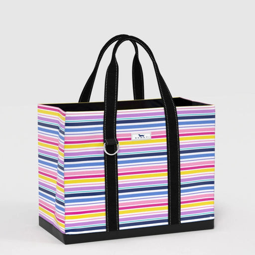 A stylish tote bag with colorful stripes and black handles, suitable for everyday use.