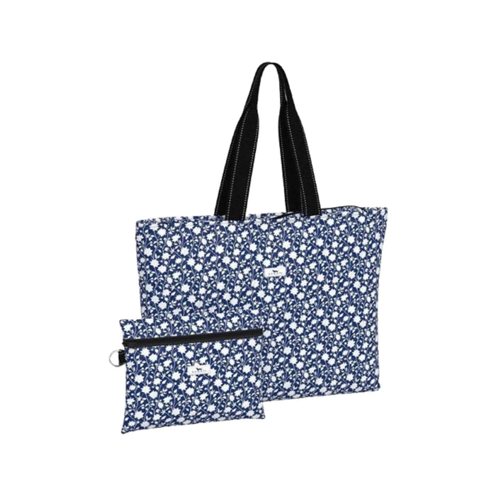 A blue and white floral print tote bag accompanied by a matching pouch.
