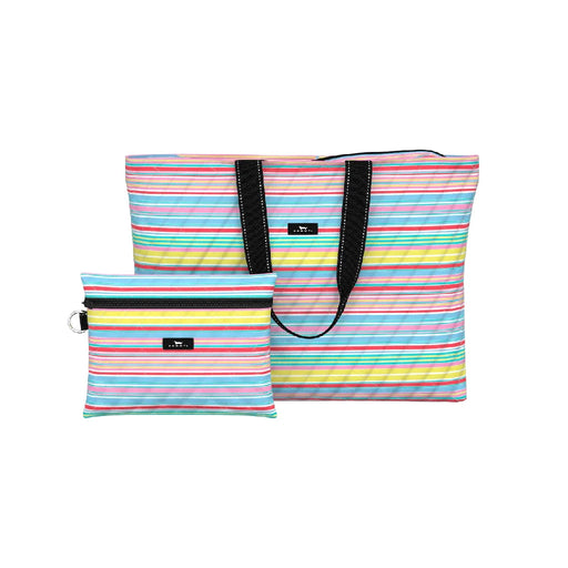 A colorful striped tote bag alongside a small matching purse, showcasing vibrant patterns and stylish design.