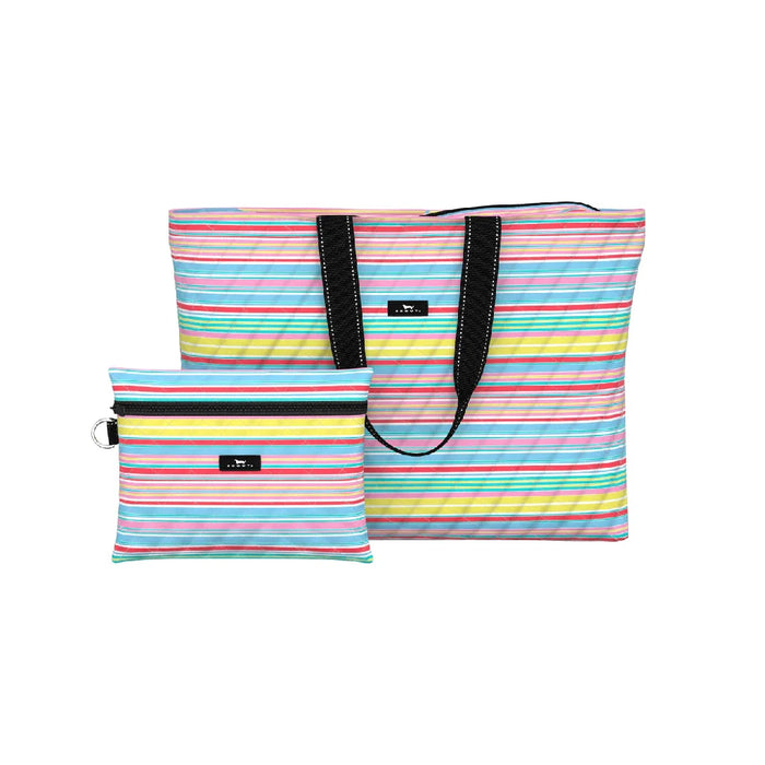 A colorful striped tote bag alongside a small matching purse, showcasing vibrant patterns and stylish design.