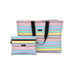 A colorful striped tote bag alongside a small matching purse, showcasing vibrant patterns and stylish design.