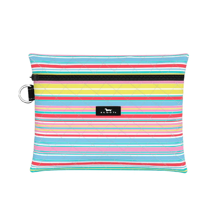 A stylish tote bag with colorful stripes next to a small purse, highlighting a cheerful and fashionable accessory set.