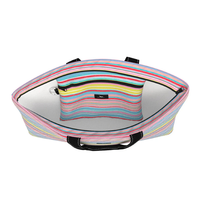 A colorful striped tote bag with a small purse, emphasizing a playful and fashionable accessory combination.