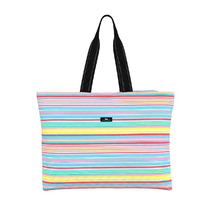 A vibrant striped tote bag paired with a small purse, both featuring bright colors and a trendy look.