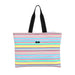 A vibrant striped tote bag paired with a small purse, both featuring bright colors and a trendy look.